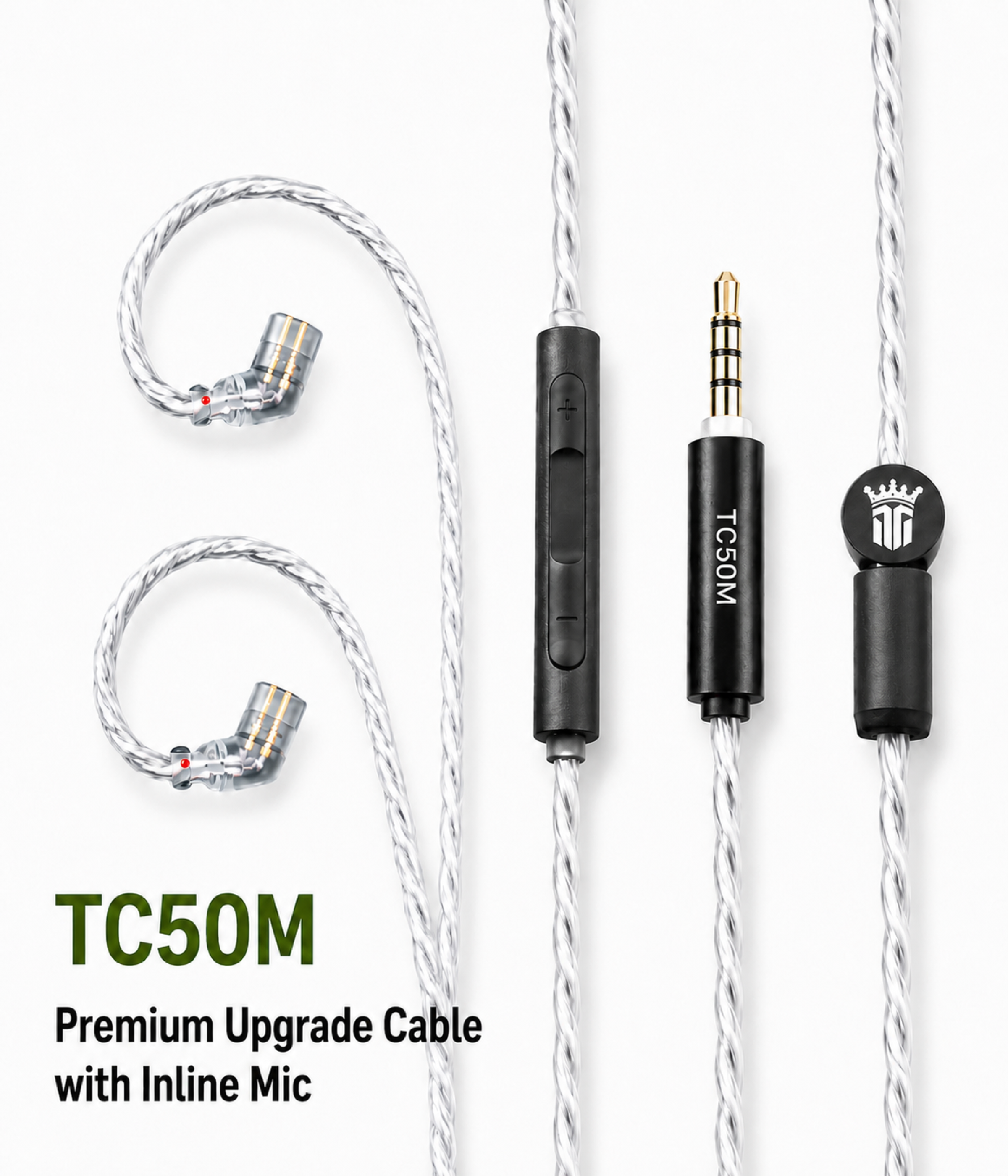Tipsy TC50M 3.5mm microphone upgrade cable with inline microphone and 0.78mm 2-pin connectors
