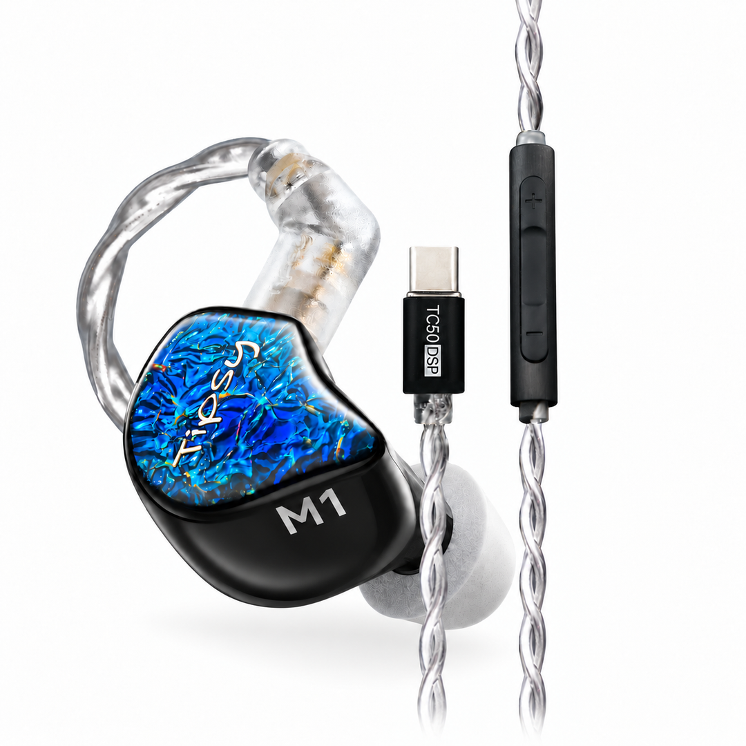 Tipsy m1 blue with TC50 DSP USB-C cable on white background