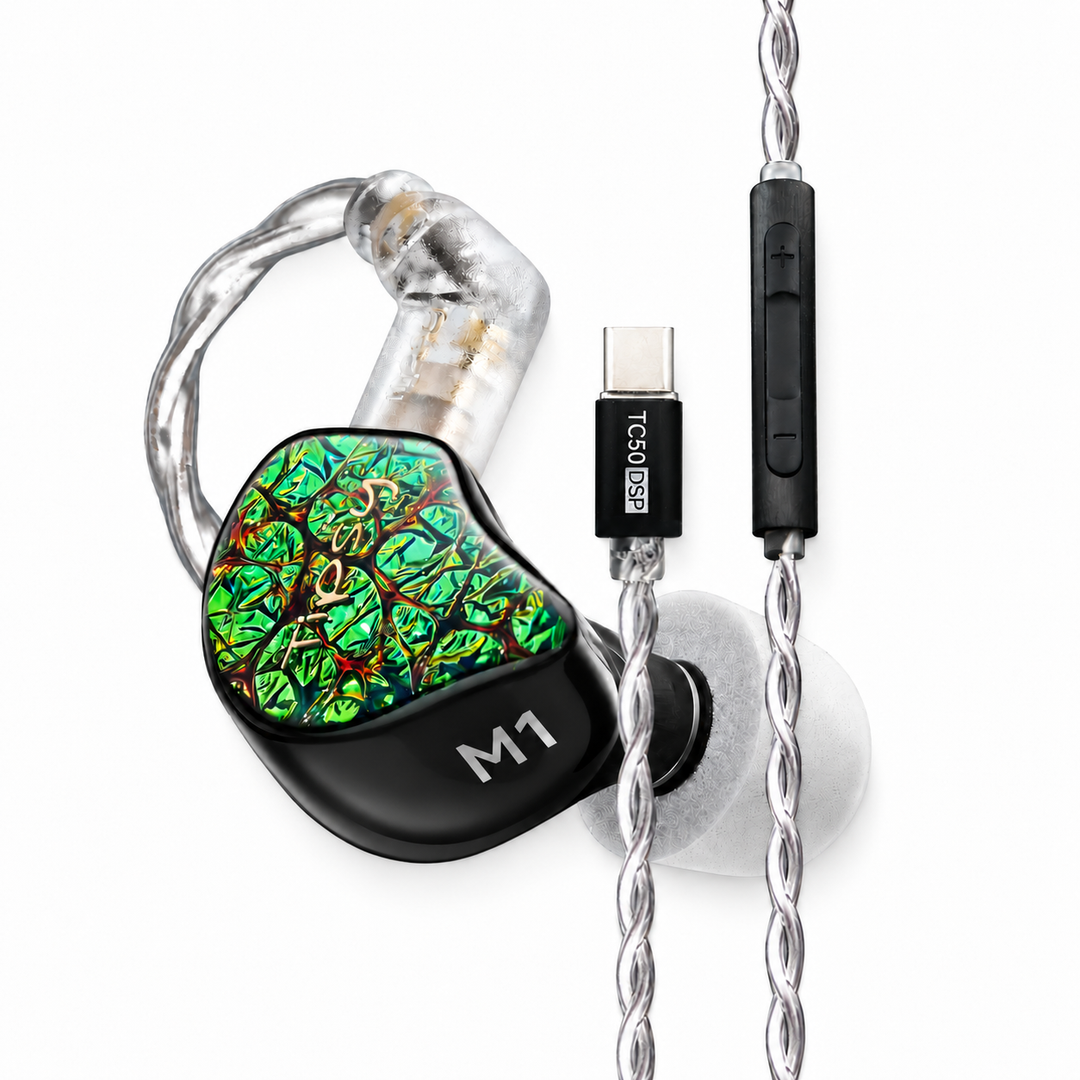 Tipsy m1 green with TC50 DSP USB-C cable on white background