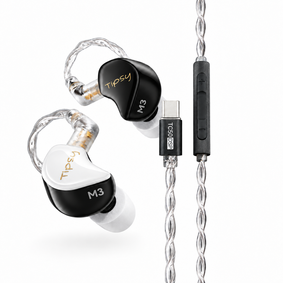 Tipsy m3 black white with TC50 DSP USB-C cable on white background