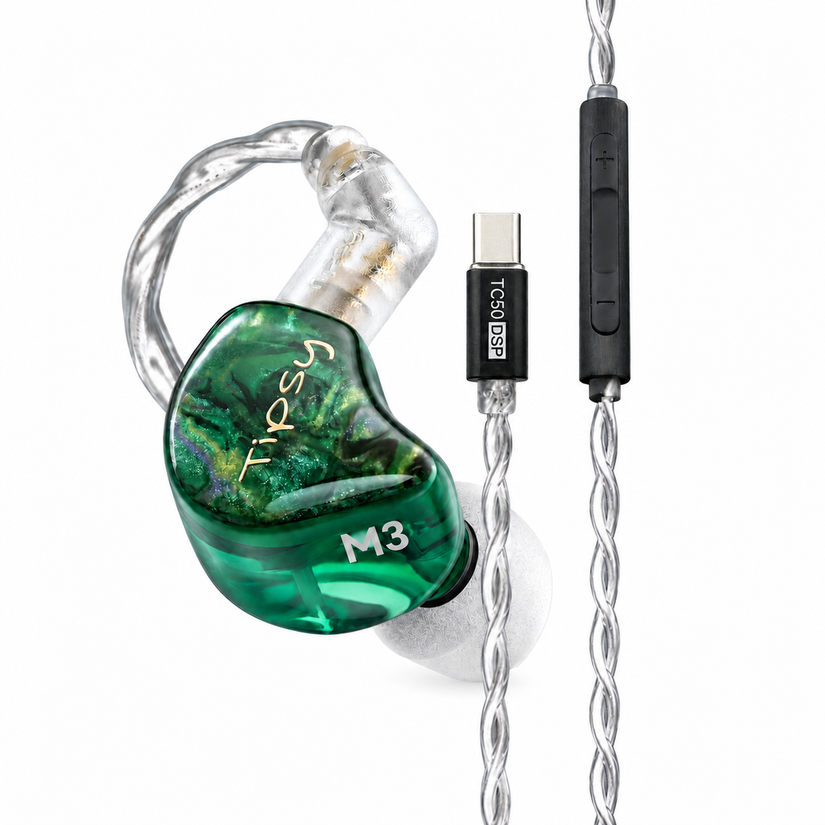 Tipsy m3 green with TC50 DSP USB-C cable on white background