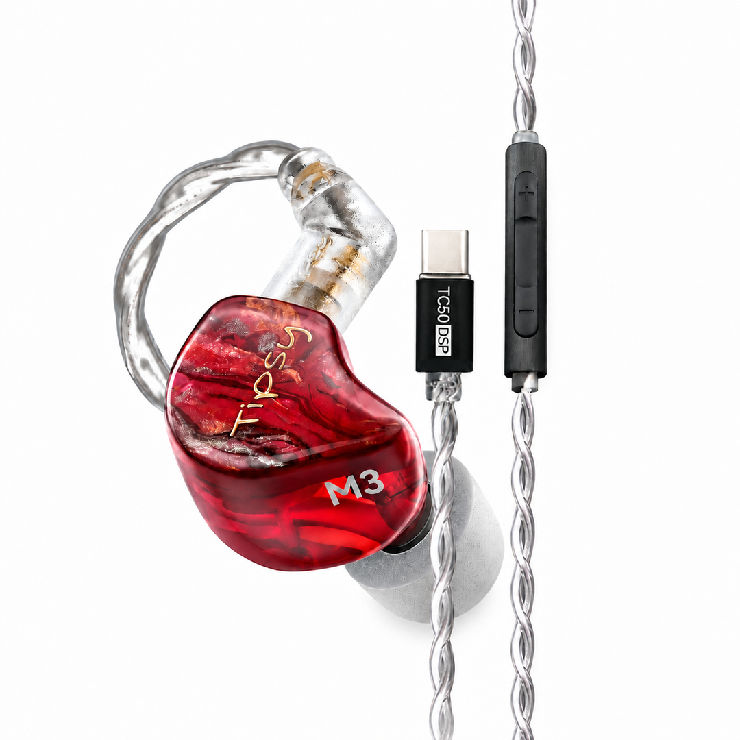 Tipsy m3 red with TC50 DSP USB-C cable on white background