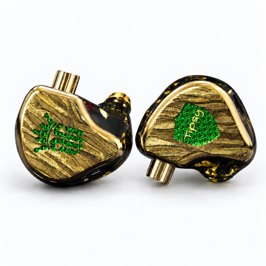 Tipsy TG4 Gold & Black in-ear monitors with gold faceplates and black shells on a white background