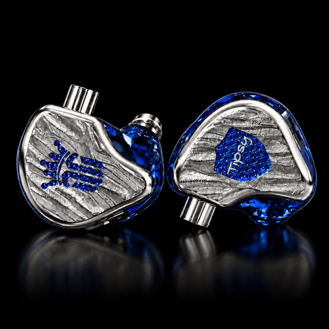Tipsy TG4 Silver & Blue in-ear monitors, silver faceplates and blue shells on a black background