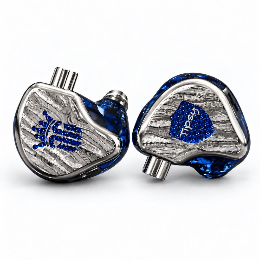 Tipsy TG4 Silver & Blue in-ear monitors, silver wave-textured faceplates and blue shells on a white background