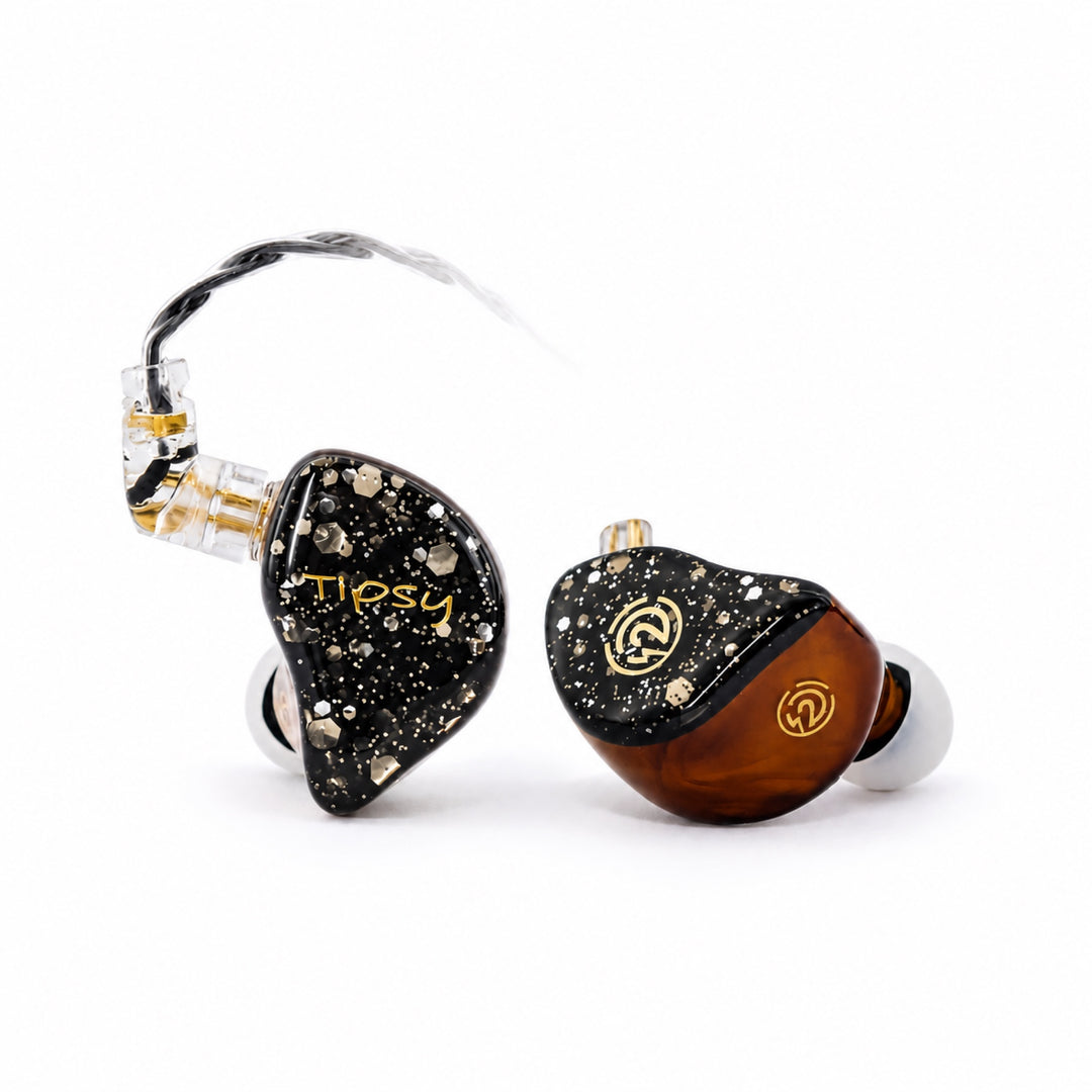 Tipsy TS-12 in-ear monitors with black metallic flake faceplates and brown shells on a white background
