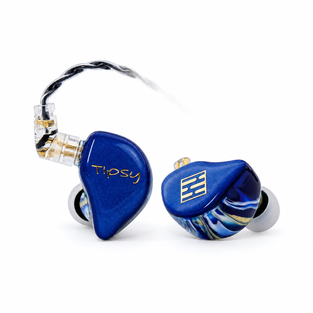 Tipsy TS-5 blue in-ear monitors with gold emblems on a white background