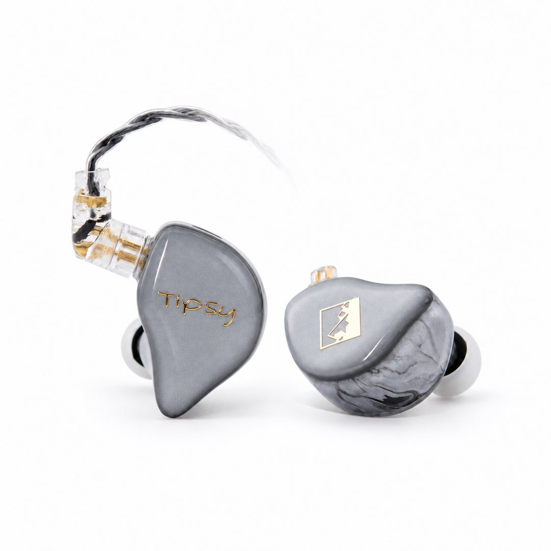 Tipsy TS-9 silver gray in-ear monitors on a white background